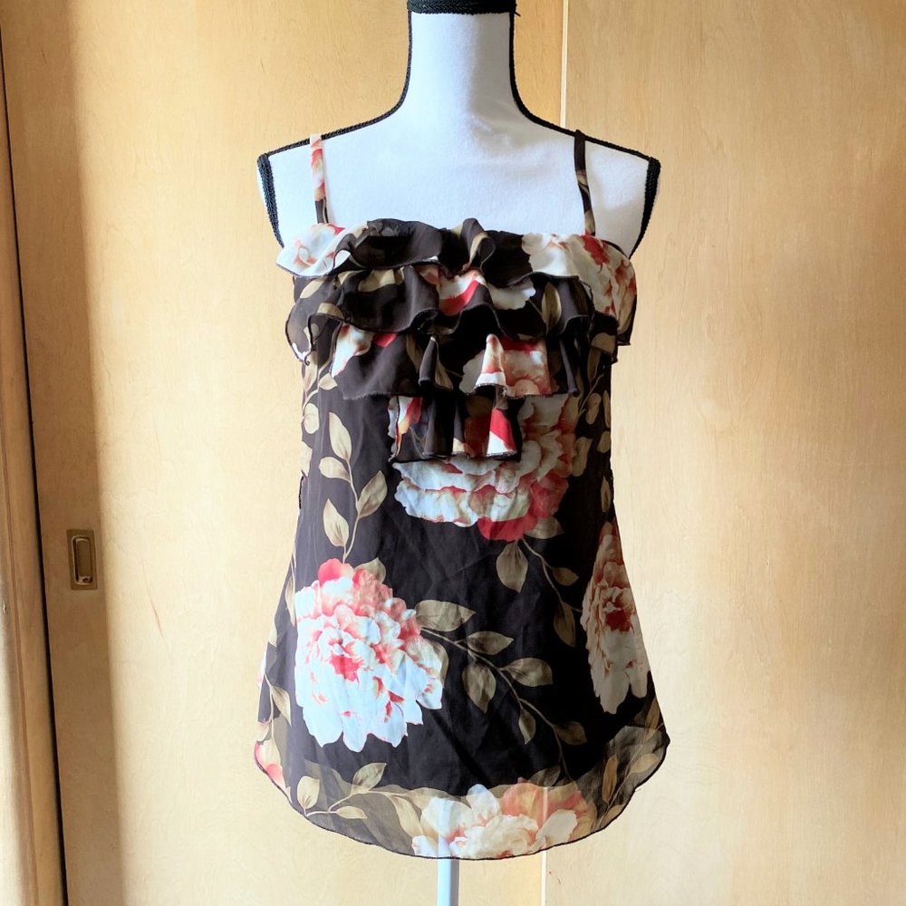 NWOT Sz S YANK Brown Floral Ruffle Tank Top